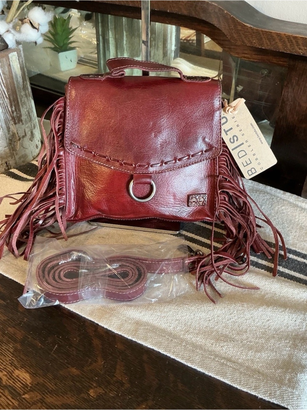 NWT Bed Stu Fringe Leather Hidden Crossbody Bag Handbag Cherry Lacquer MSRP $249
